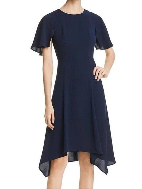 Donna Karan Dresses & Skirts - Donna Karan Navy Blue Short Sleeve Asymmetrical Handkerchief A Line Dress Sz 4